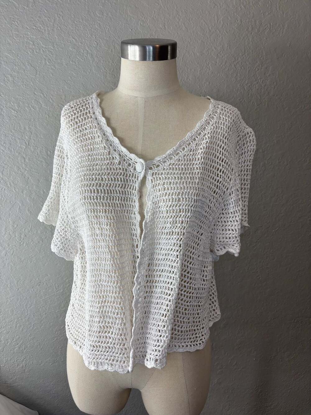 Cato Woman White Open Knit Crochet Short Sleeve Cardigan